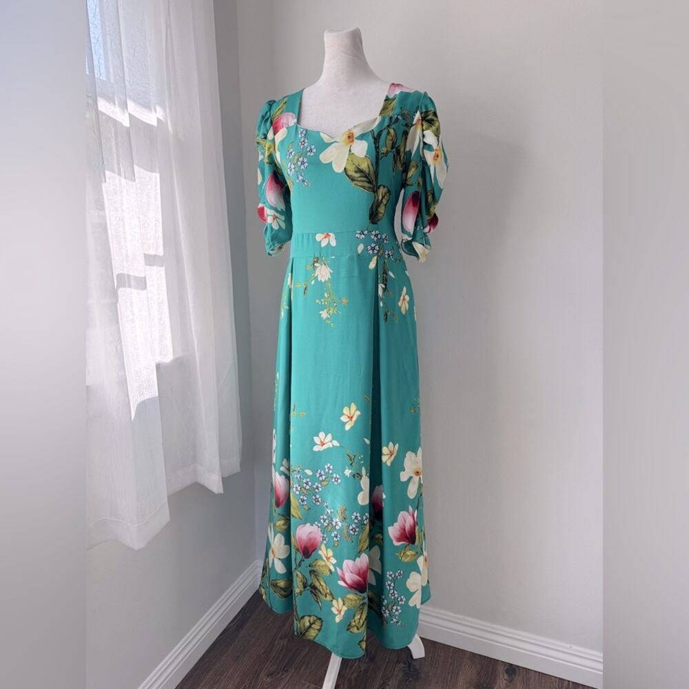 Minh Phuong Teal Floral Print Sweetheart Neckline Half Sleeve Maxi Dress - Picture 2 of 7